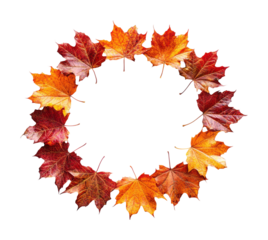Autumn leaf wreath in vibrant red, orange, and yellow colors, circular fall foliage arrangement for seasonal decoration isolated on transparent background