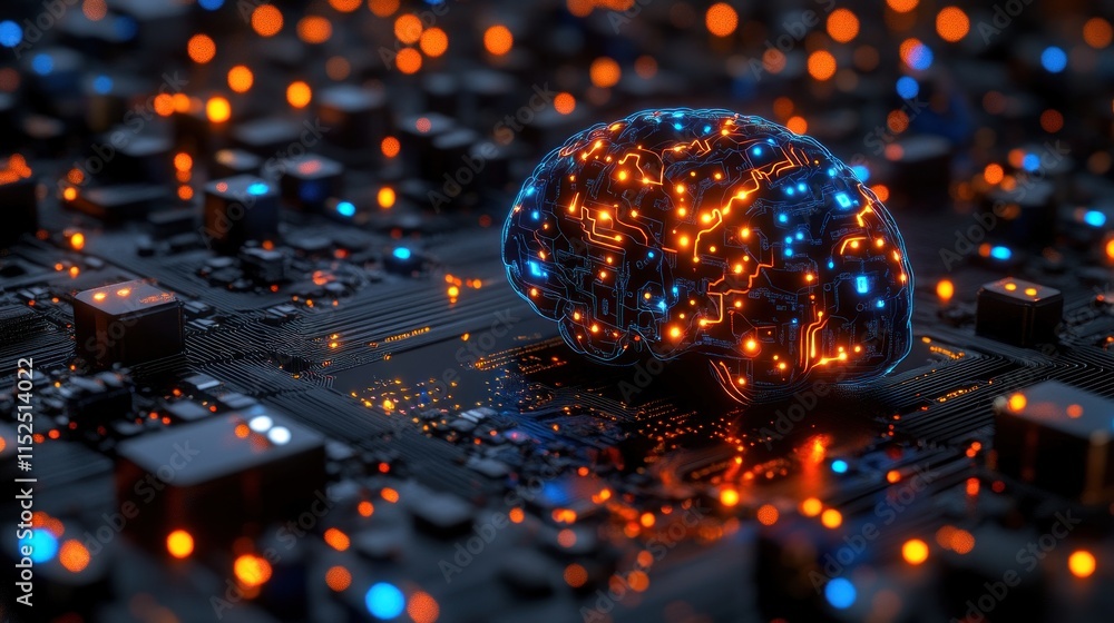 Poster glowing brain model on circuit board, representing ai, technology, and neural networks.