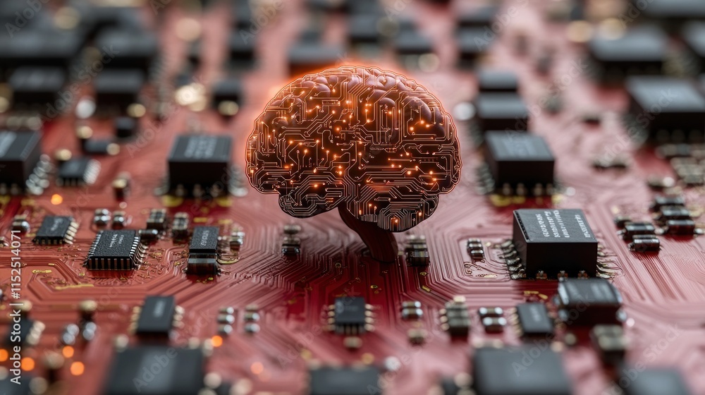 Poster glowing brain model on circuit board, representing artificial intelligence or neural networks.