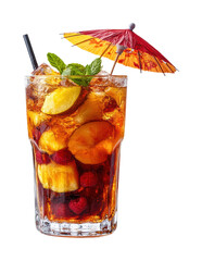 Refreshing iced cocktail drink with orange slice, raspberry garnish, mint leaves, and decorative umbrella, summer beverage perfect for parties and tropical drinks isolated on transparent background