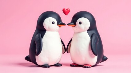 Obraz premium Two penguin figures are positioned face-to-face with a heart above them on a pink background, ideal for Valentine's Day. Concept of Penguins in love.