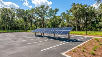 Solar Panel Installation in Open Space with Trees and Blue Sky