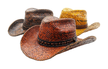Three stylish leather cowboy hats, featuring intricate stitching and decorative details, classic western accessory for men and women isolated on transparent background