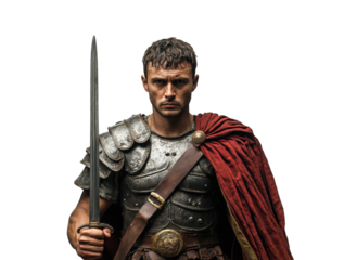Centurion raises sword in preparation for battle in ancient military setting. Isolated on transparent background, png.