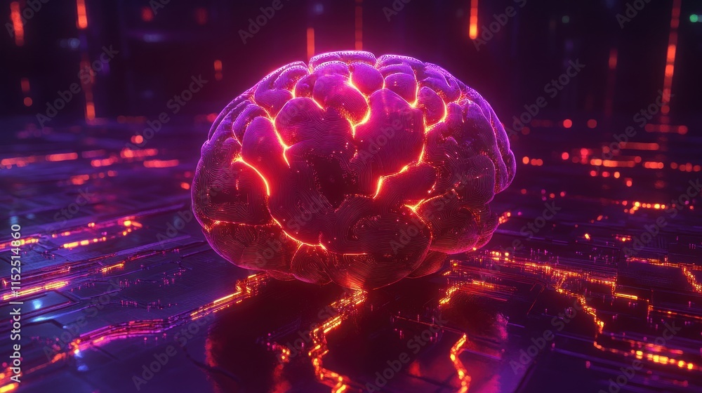 Poster glowing brain on a circuit board, representing ai and neural networks.