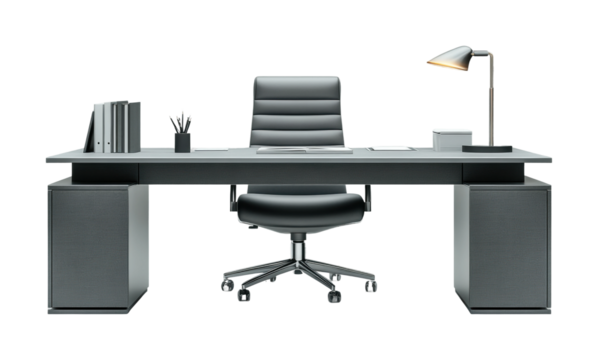 Modern gray desk setup with ergonomic chair and stylish lamp in a workspace environment. Isolated on transparent background, png.
