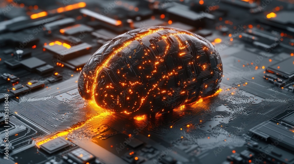 Poster glowing brain on a circuit board, representing ai and technology.