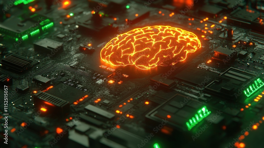 Poster glowing brain on a circuit board, representing ai and technology.