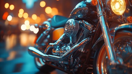 Fototapeta premium Chrome Motorcycle Engine Gleaming In City Lights