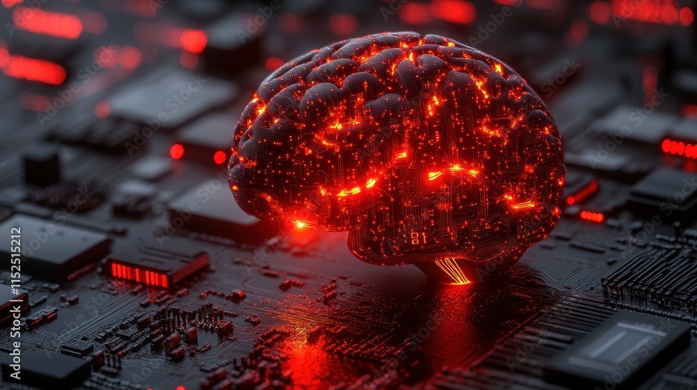 Poster glowing brain on a circuit board, representing artificial intelligence and neural networks.