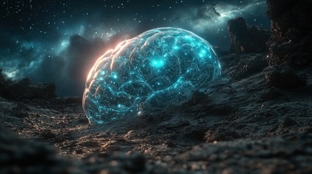Glowing brain on an alien planet, digital art.
