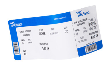 One airplane ticket isolated on white. Traveling abroad