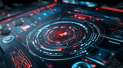 Obraz premium close up of futuristic computer interface displaying hacking activity, featuring glowing red and blue elements, intricate patterns, and digital