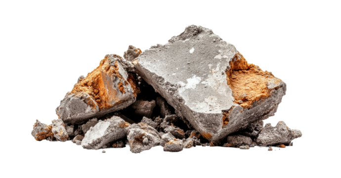 Large broken concrete block with rough textures, rugged construction debris and industrial material concept isolated on transparent background
