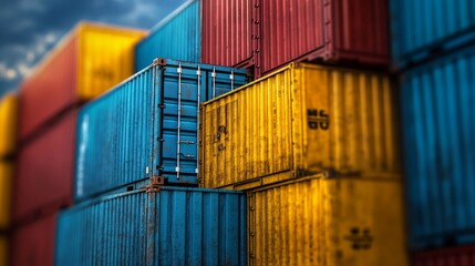 Fototapeta premium Colorful Cargo Containers Stacked High in a Port Yard