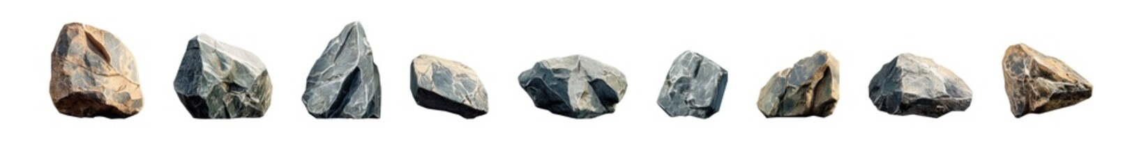 Collection of variously shaped rough stones in a row, raw natural texture, different sizes, isolated on transparent background, landscaping materials, rustic rocks for outdoor design