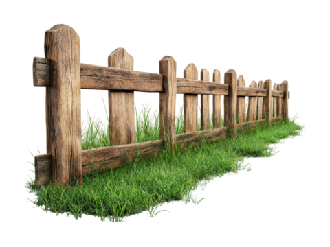 Timber plank fence with lush grass highlights natural beauty in outdoor landscaping. Isolated on transparent background, png.
