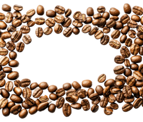 Scattered coffee beans forming a frame, rich brown texture for fresh coffee branding, aromatic beverage ingredient concept isolated on transparent background