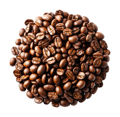Heap of roasted coffee beans in a circular arrangement, rich brown texture with aromatic grains, caffeine-rich natural beverage ingredient isolated on transparent background