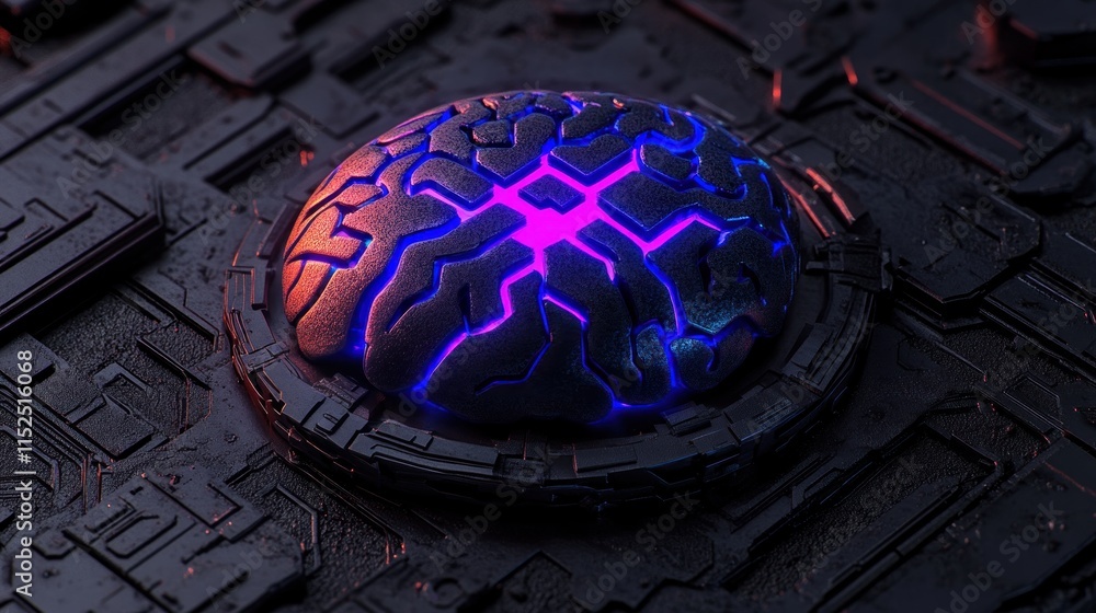 Poster glowing brain-like object embedded in futuristic tech circuitry.