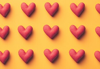 Fototapeta premium Romantic Red Hearts Pattern on Yellow Background Valentines Day