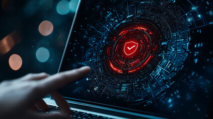 Close up of laptop screen displaying digital security interface, showcasing red shield symbolizing protection against cyber threats. intricate