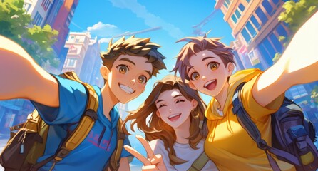 Obraz premium A cheerful young man and woman pose for a selfie with their friend, all smiling at the camera in a bright cityscape background. 