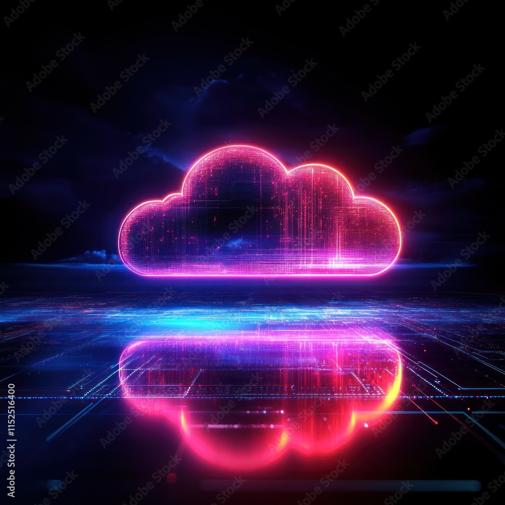 Poster glowing cloud symbol reflecting on a digital surface, representing cloud computing and data storage.