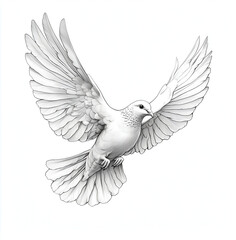 Fototapeta premium Beautiful line art illustration of a fully flying dove, white background