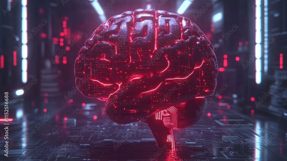 Poster glowing digital brain model in futuristic tech environment.