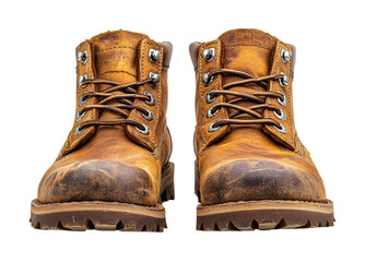 Worn brown leather work boots with rugged soles and detailed stitching, classic durable footwear for outdoor work and hiking isolated on transparent background
