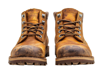 Worn brown leather work boots with rugged soles and detailed stitching, classic durable footwear for outdoor work and hiking isolated on transparent background