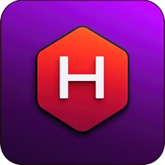 Red hexagon with white H letter on purple background.