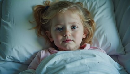 A young girl lies in a hospital bed, looking contemplative while wrapped in a light blanket. The soft lighting creates a peaceful atmosphere filled with hope. Generative AI
