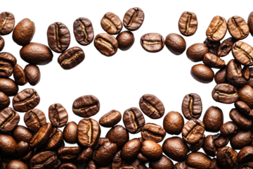 Scattered coffee beans forming a frame, rich brown texture for fresh coffee branding, aromatic beverage ingredient concept isolated on transparent background