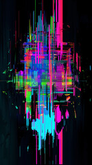 Obraz premium Vivid glitch art design featuring colorful vertical distortions, pixel effects, and futuristic patterns in pink, blue, and green tones. 