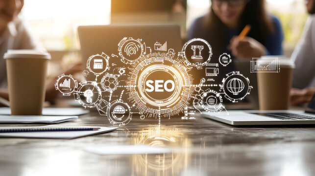 SEO brainstorming session with digital marketing team, laptops, coffee