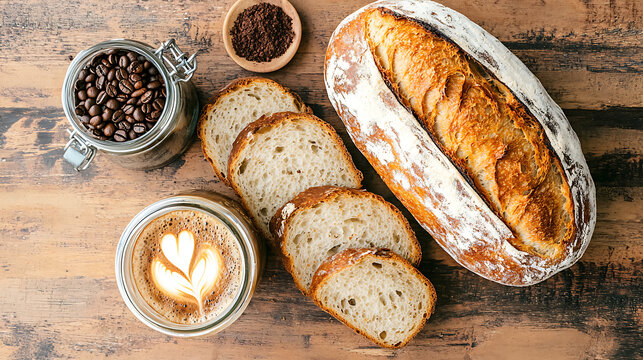 Freshly baked sourdough bread, coffee beans, and latte art heart create cozy breakfast scene