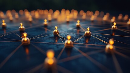 Illuminated network nodes connected by glowing lines on a dark surface.