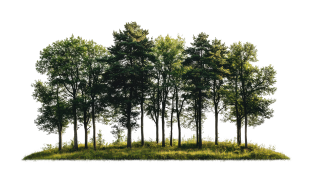 Lush green forest with tall vibrant trees, dense woodland scene featuring natural foliage, nature environment, and eco-friendly landscape isolated on transparent background