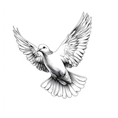 Obraz premium Beautiful line art illustration of a fully flying dove, white background
