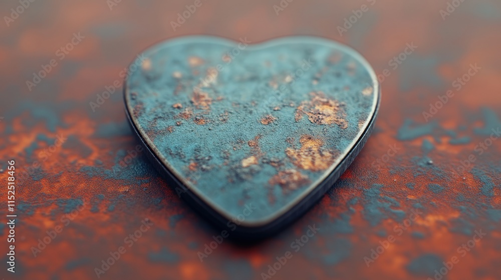 Poster rusty heart-shaped metal object on textured surface.
