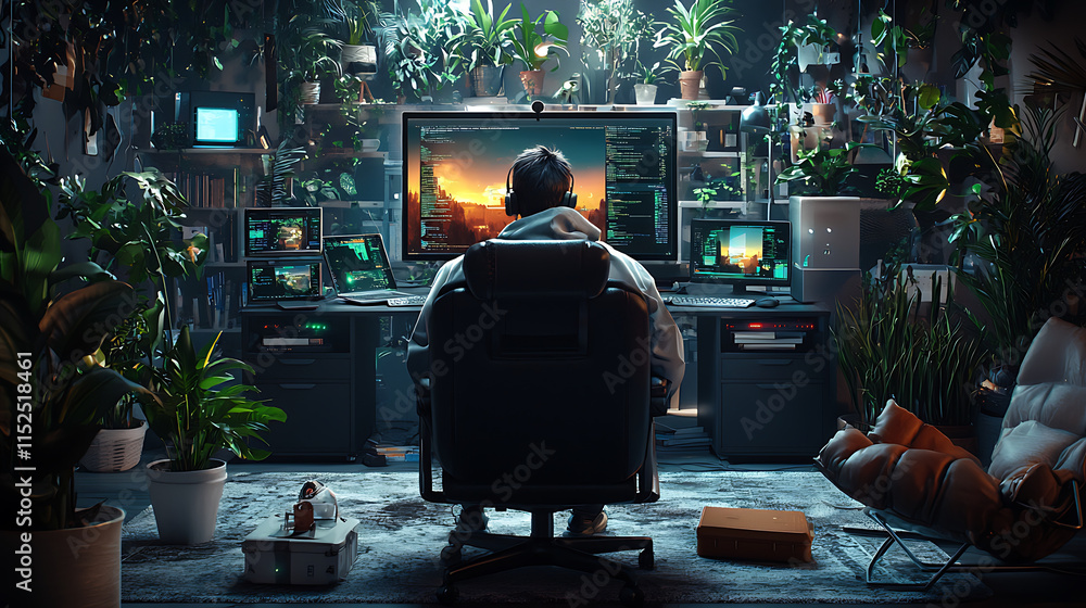 Wall mural hacker in dark room surrounded by plants, accessing company network. atmosphere is intense and focus