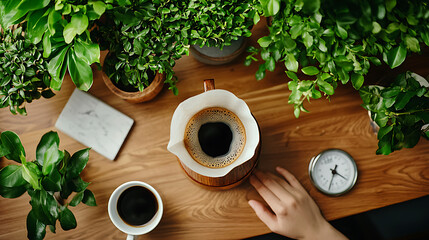 high angle shot of fresh coffee setup with plants, showcasing cozy atmosphere. rich aroma of coffee fills air, inviting relaxation