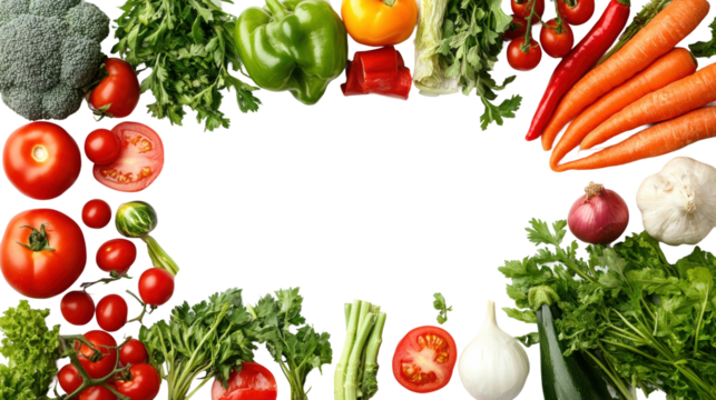 Fresh vegetables border with carrots, tomatoes, lettuce, peppers, broccoli, and leafy greens, healthy organic food concept for cooking and nutrition isolated on transparent background