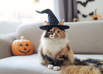 Adorable Calico Cat in Witch Hat for Halloween