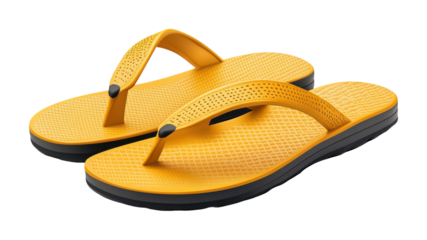 Yellow flip-flops with textured straps and black soles, casual summer footwear, beach sandals, minimalist design for vacation and travel isolated on transparent background