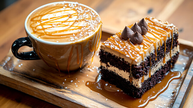 latte art coffee cup paired with slice of rich cho te cake, drizzled with caramel, creates delightful dessert experience