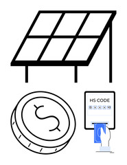 Solar panel, dollar coin, and hand inserting card into HS code screen. Ideal for renewable energy, green technology, finance, international trade, e-commerce sustainability economic growth. Line