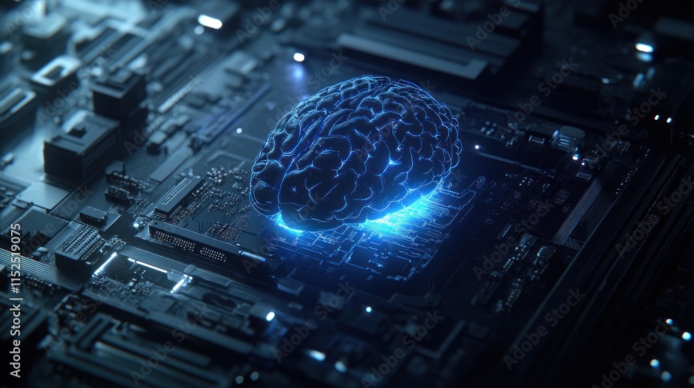 Poster glowing human brain model on a circuit board, representing artificial intelligence, neural networks,